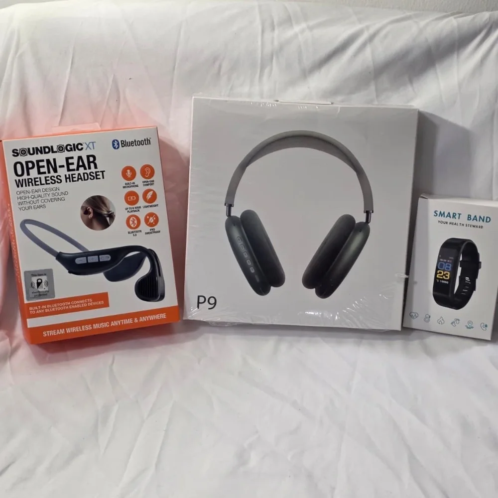 BUNDLE (Grey P9 Pro Wireless Headphones+SoundLogic Headset+Purple Smart Band